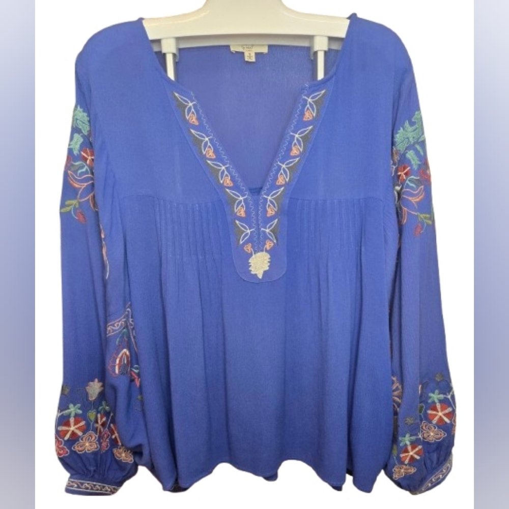 Easel Cornflower Blue Boho Embroidered Blouse With Dolman Sleeves